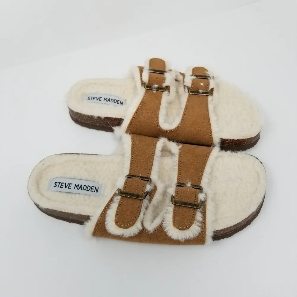 Steve Madden Jleena Cognac Slides Slip On Sandals Faux Fur Girls Size 3